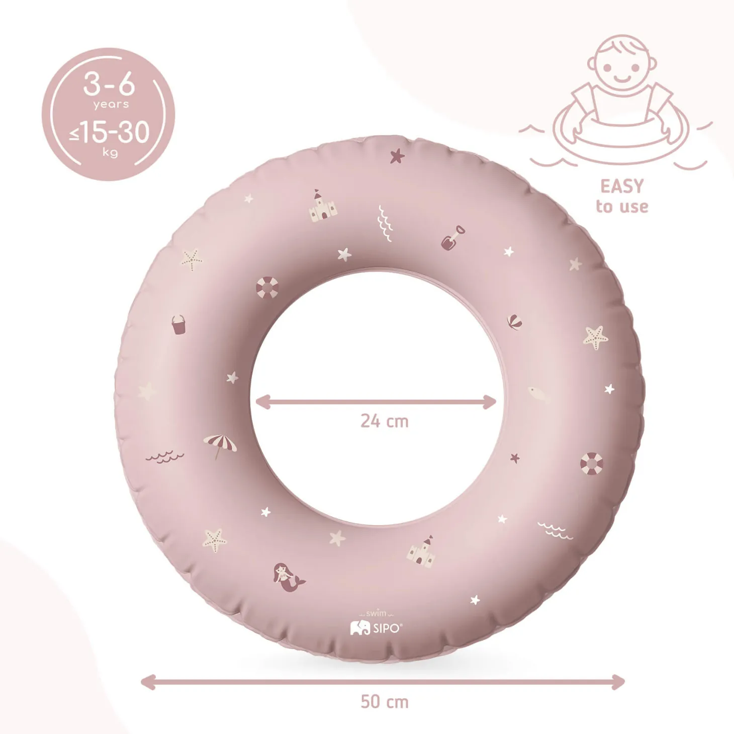 Dmuchane koło do pływania dla dzieci 3-6 lat (15-30 kg) - różowe