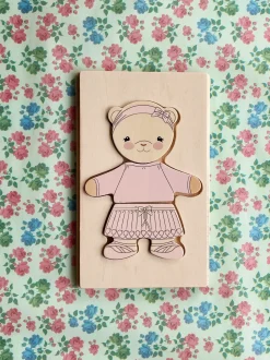 Drewniana układanka puzzle miś - dusty pink
