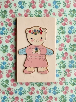 Drewniana układanka puzzle miś - dusty pink