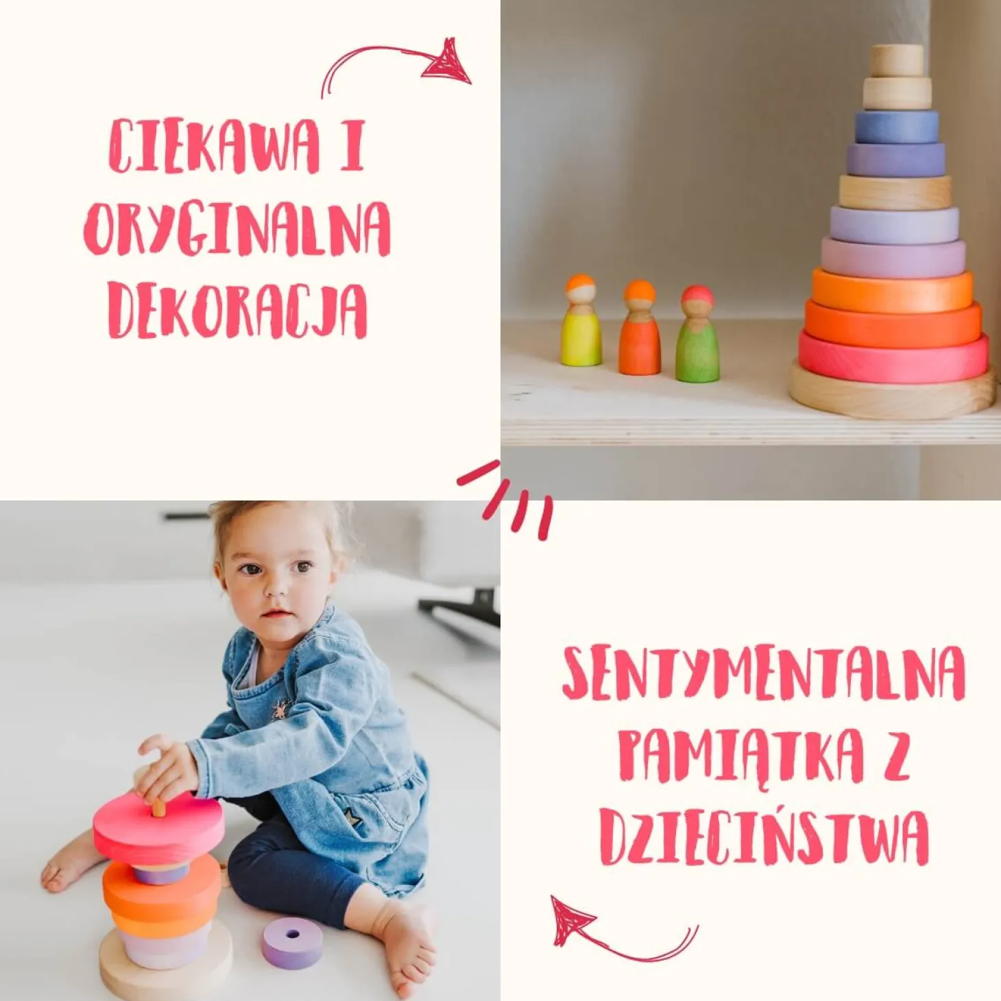Drewniana wieża 10 krążków - Neon Pink