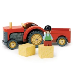 Drewniany traktor z przyczepą i akcesoriami