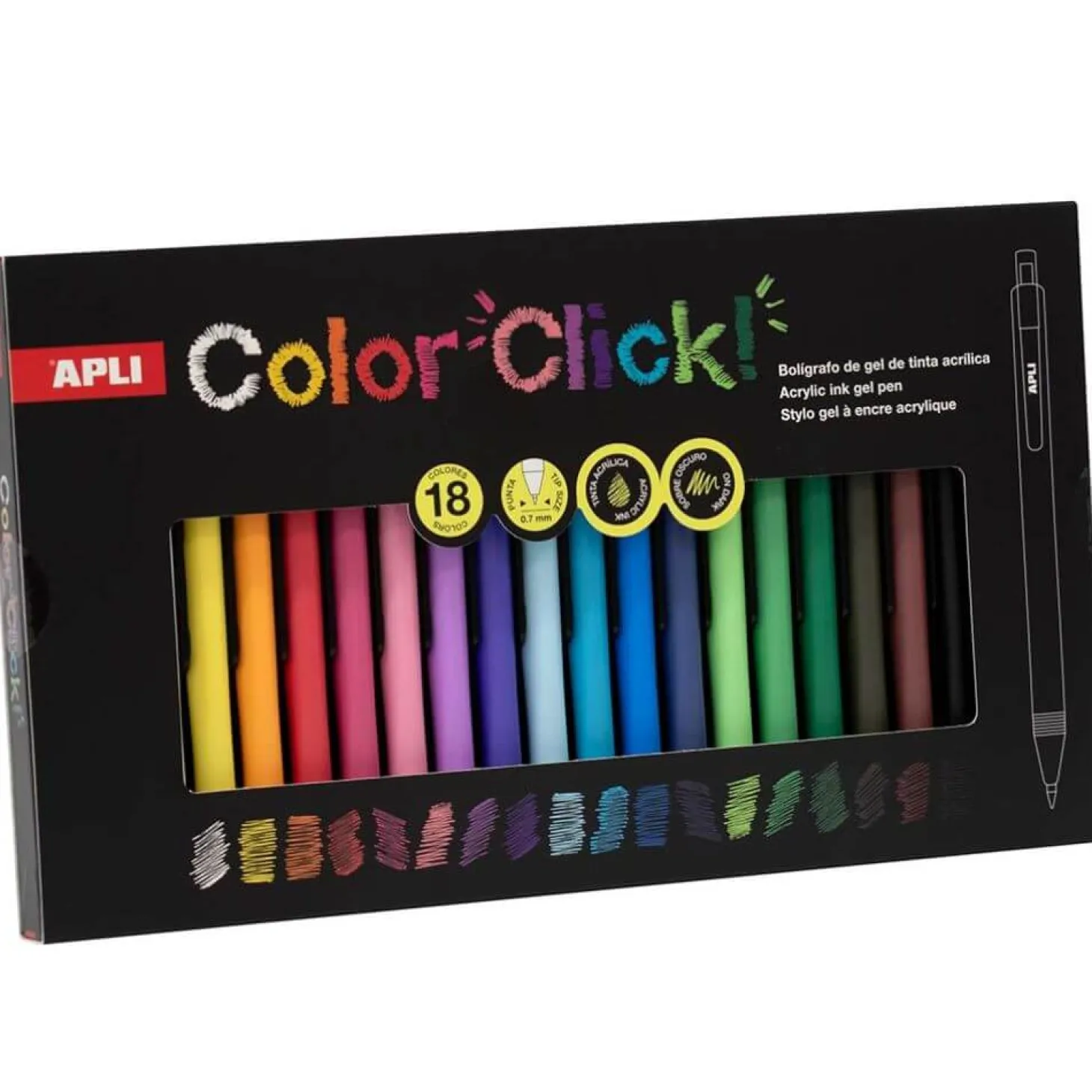 Długopisy żelowe z tuszem akrylowym Color Click, 18 kolorów