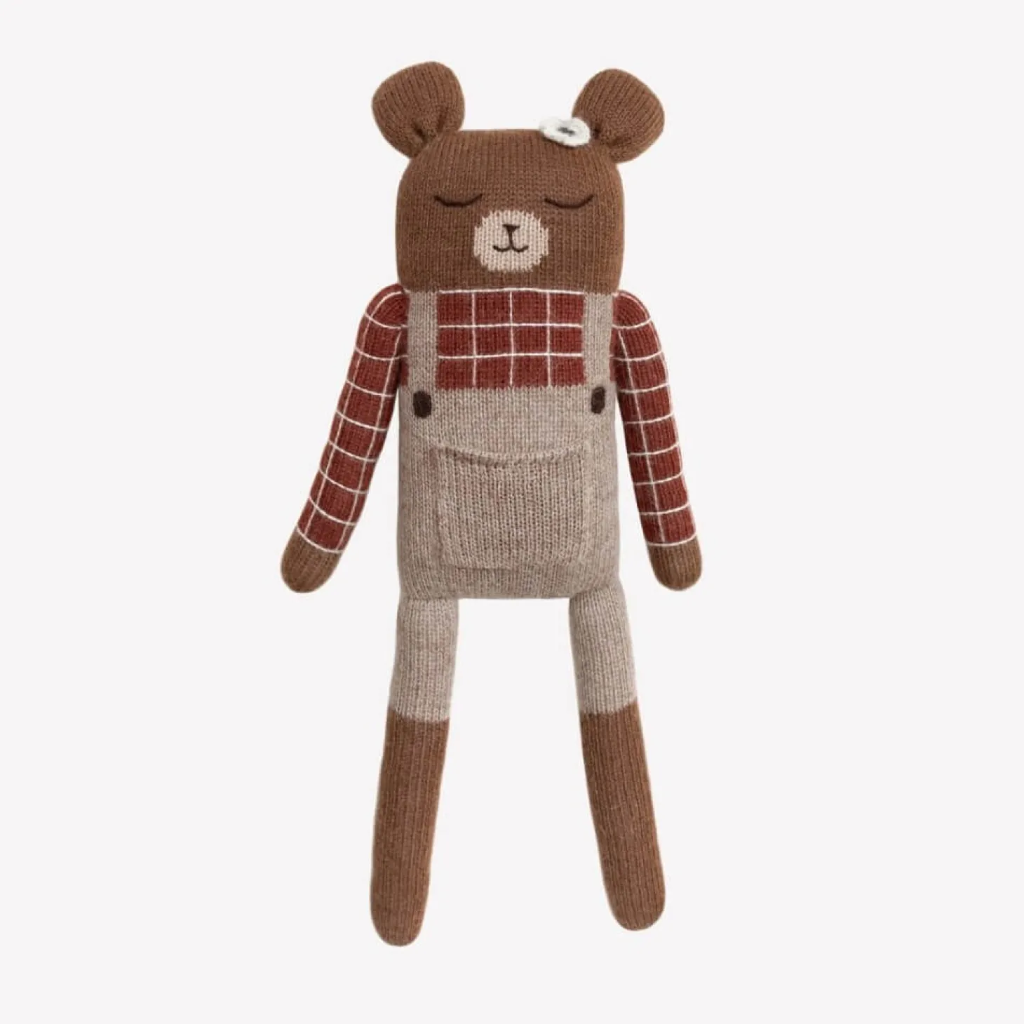 Duży dziergany miś z wełny alpaki - sienna plaid shirt