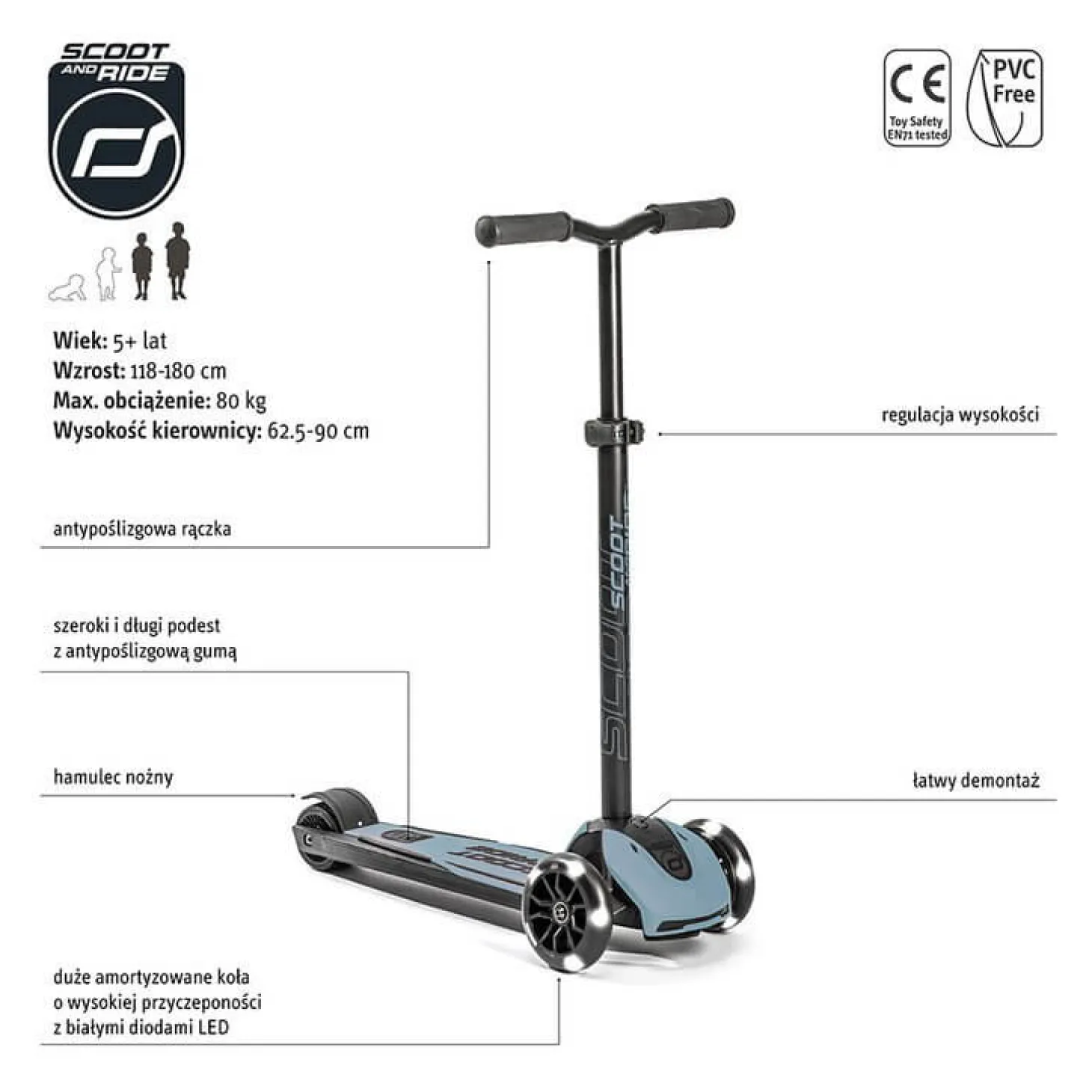 Highwaykick 5 LED Hulajnoga trójkołowa balansowa ze świecącymi kółkami 5+ Steel