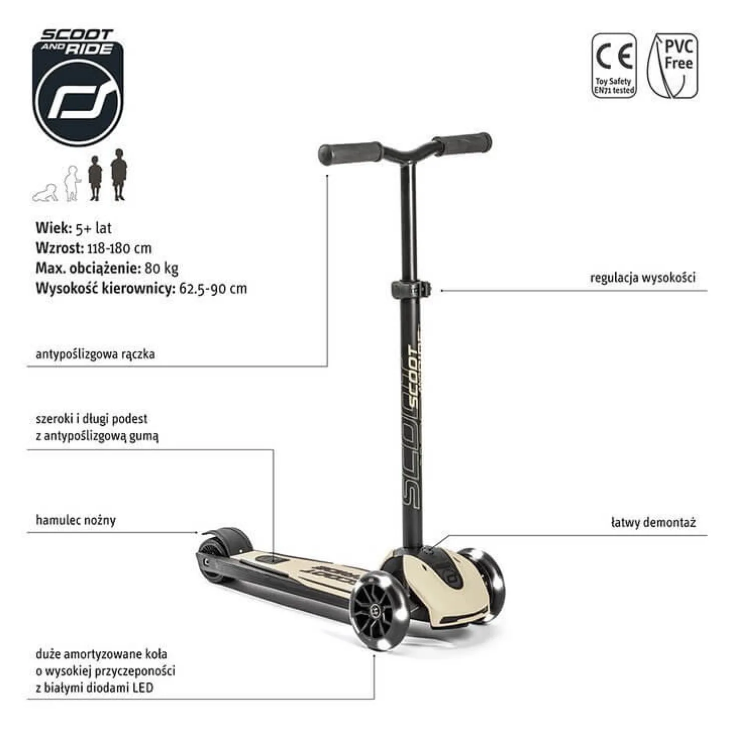 Highwaykick 5 LED Hulajnoga trójkołowa balansowa ze świecącymi kółkami 5+ Ash