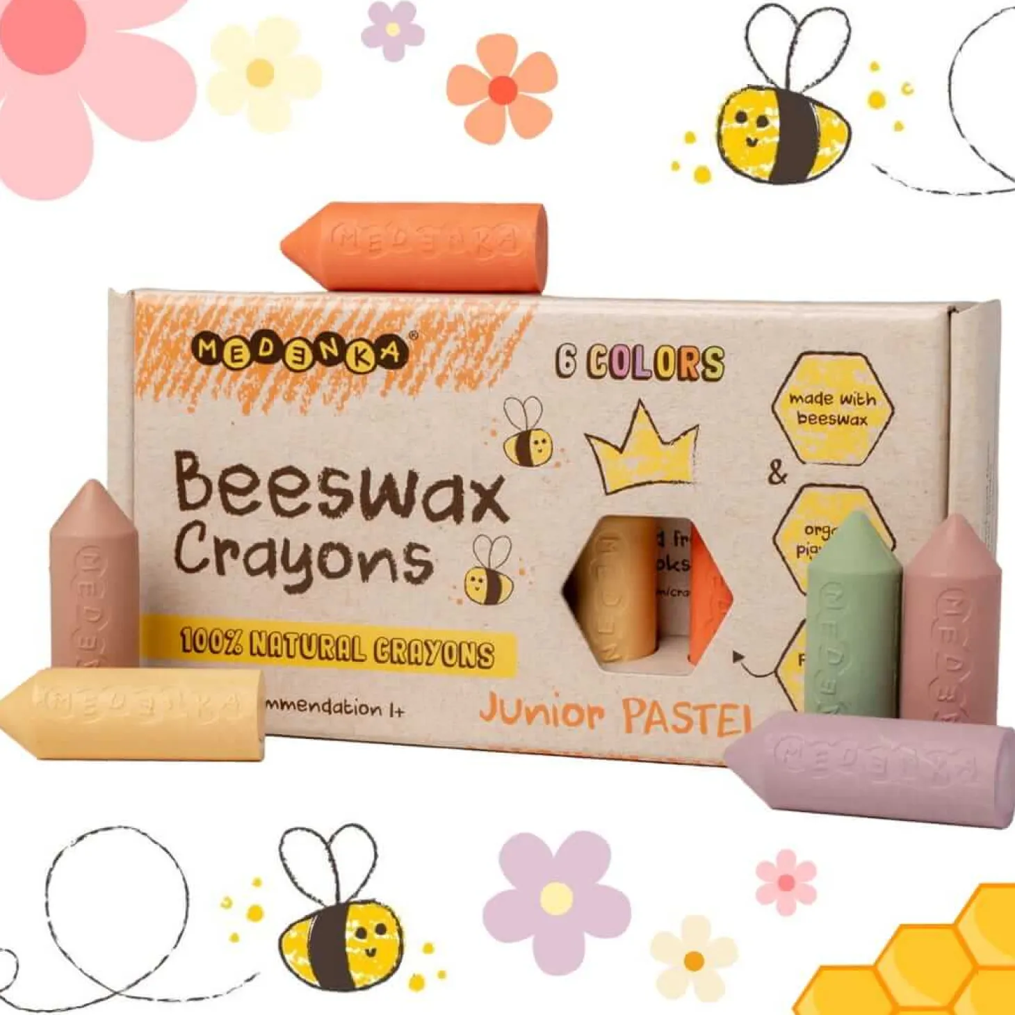 Kredki Medenka JUNIOR PASTEL z wosku pszczelego, 100% naturalne