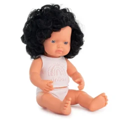 Lalka dziewczynka Europejka czarne kręcone włosy 38cm Miniland Doll