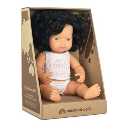 Lalka dziewczynka Europejka czarne kręcone włosy 38cm Miniland Doll