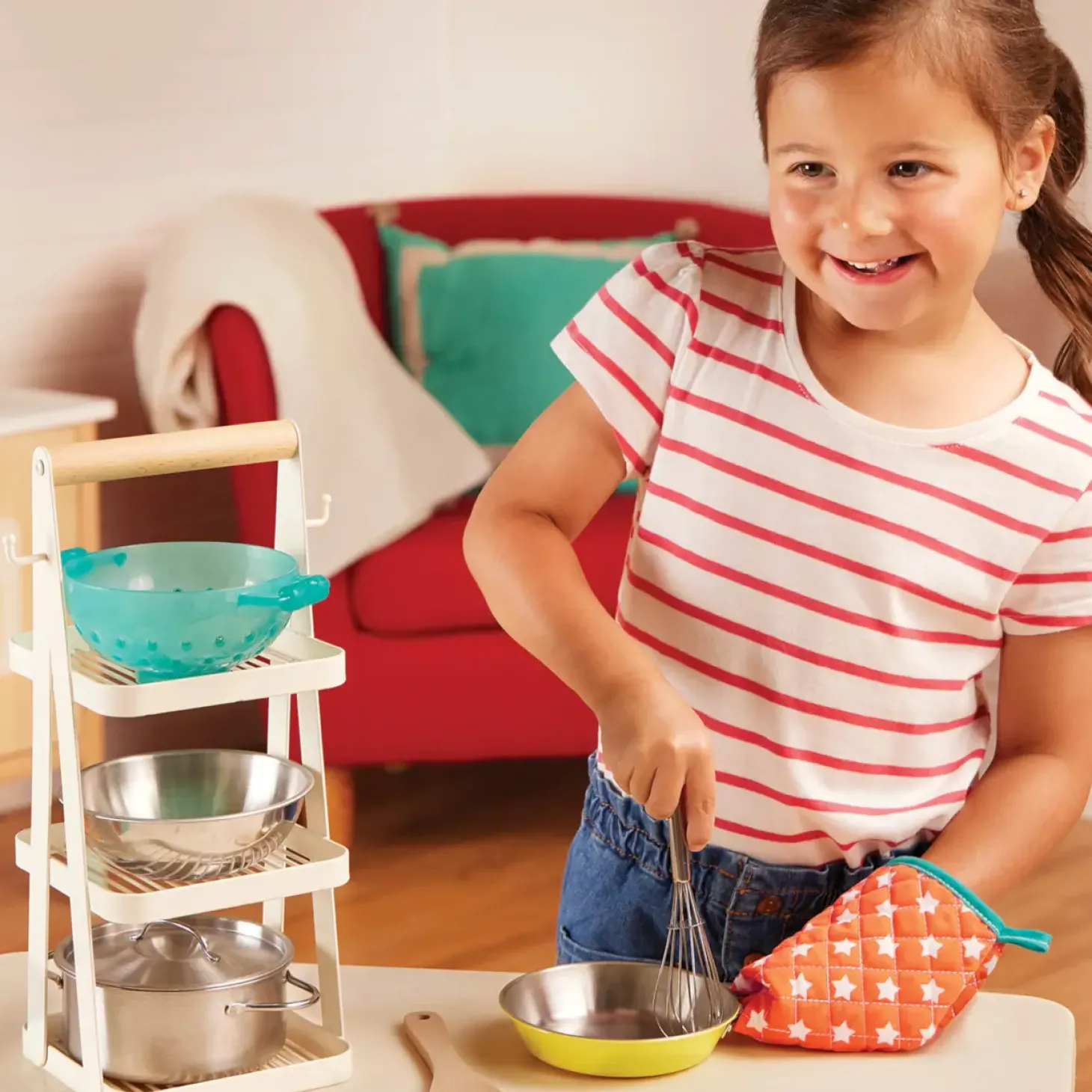 Mini Chef - Pot-n-Pan Playset - zestaw realistycznych naczyń i przyborów kuchennych ze stojakiem