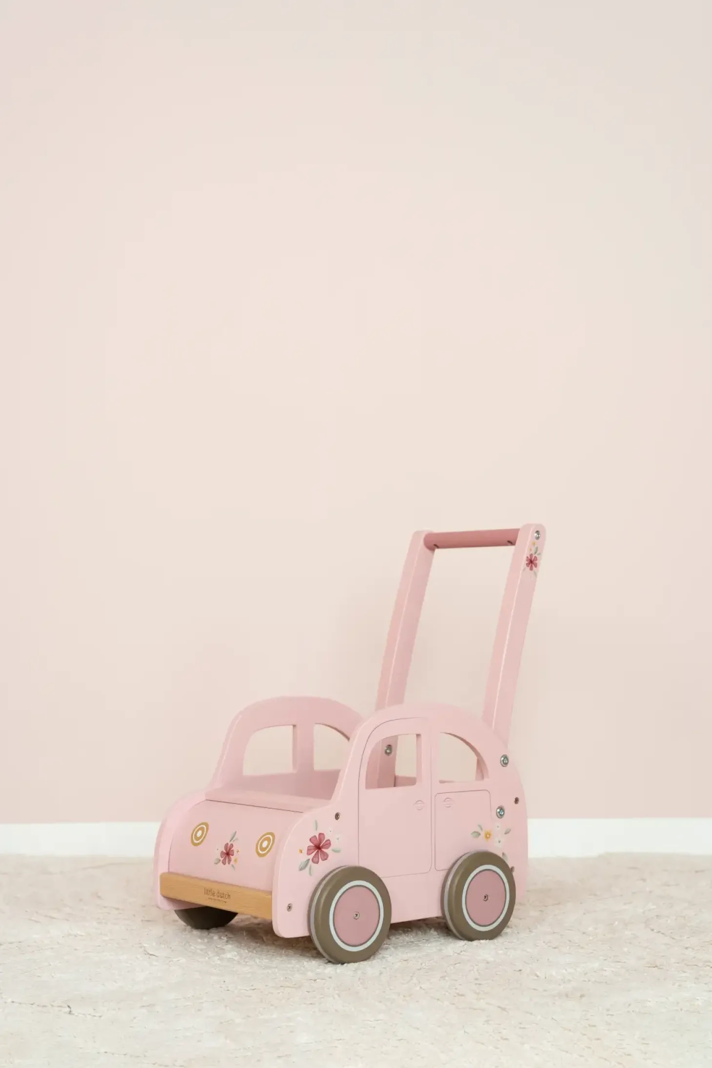 Pchacz wózeczek drewniany na zabawki Pink FSC