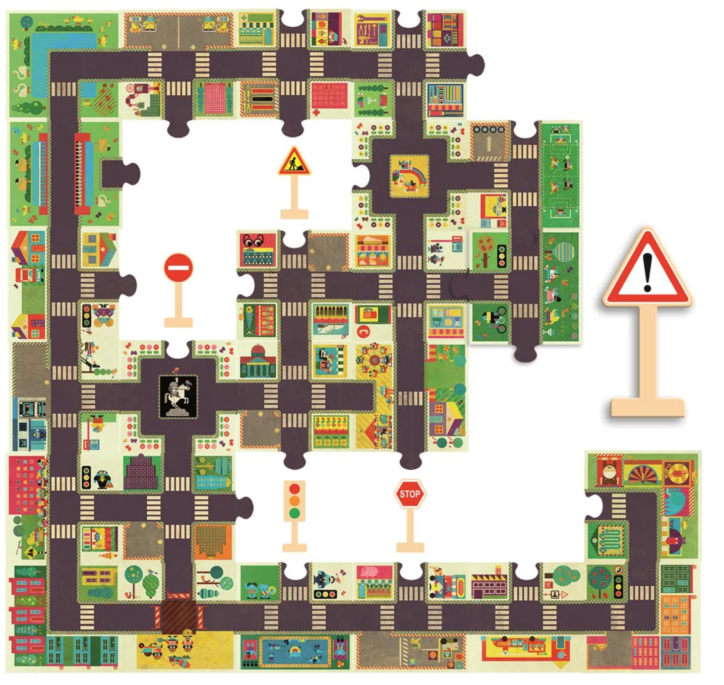 Puzzle ulice w mieście ze znakami drogowymi