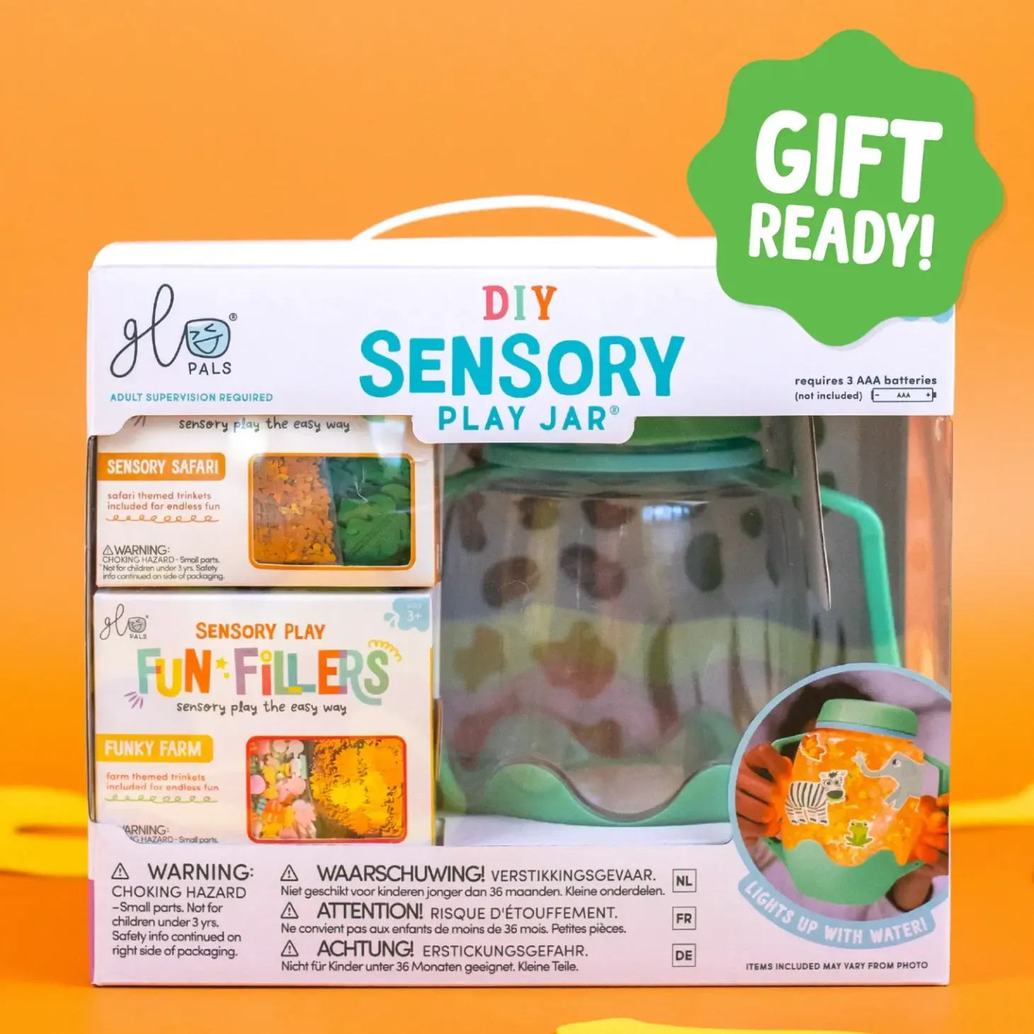Zestaw sensoryczny DIY, świecący słoik z brokatami i figurkami Fun Fillers + naklejki gratis - ZOO