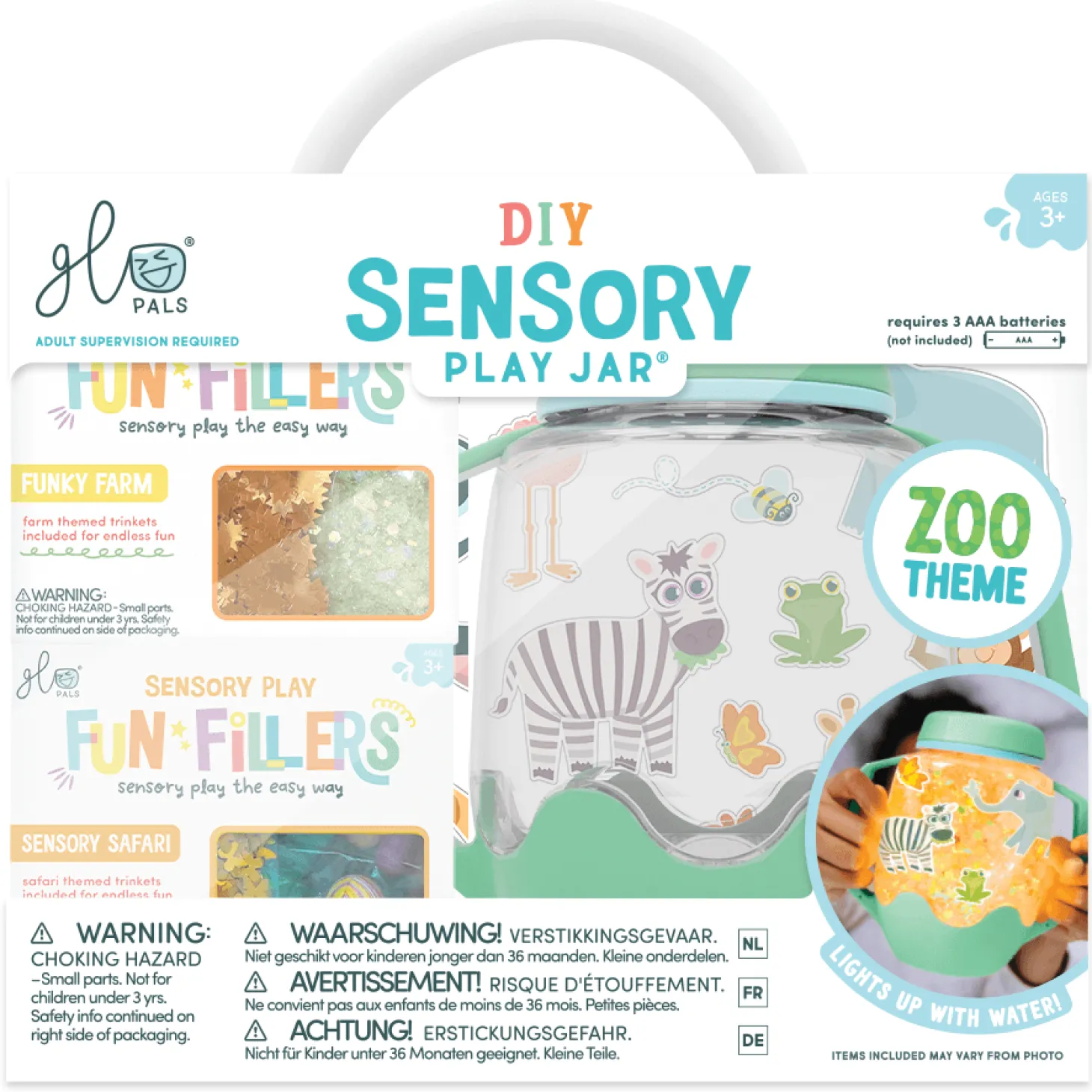 Zestaw sensoryczny DIY, świecący słoik z brokatami i figurkami Fun Fillers + naklejki gratis - ZOO