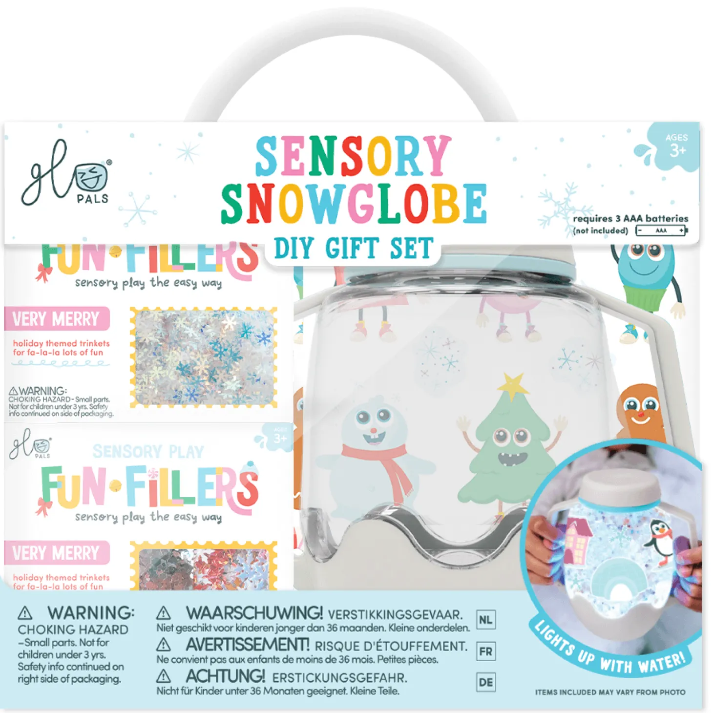 Zestaw sensoryczny DIY, świecący słoik z brokatami i figurkami Fun Fillers + naklejki gratis - ŚNIEŻNY