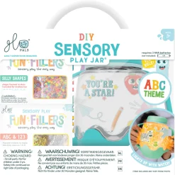 Zestaw sensoryczny DIY, świecący słoik z brokatami i figurkami Fun Fillers + naklejki gratis - ABC